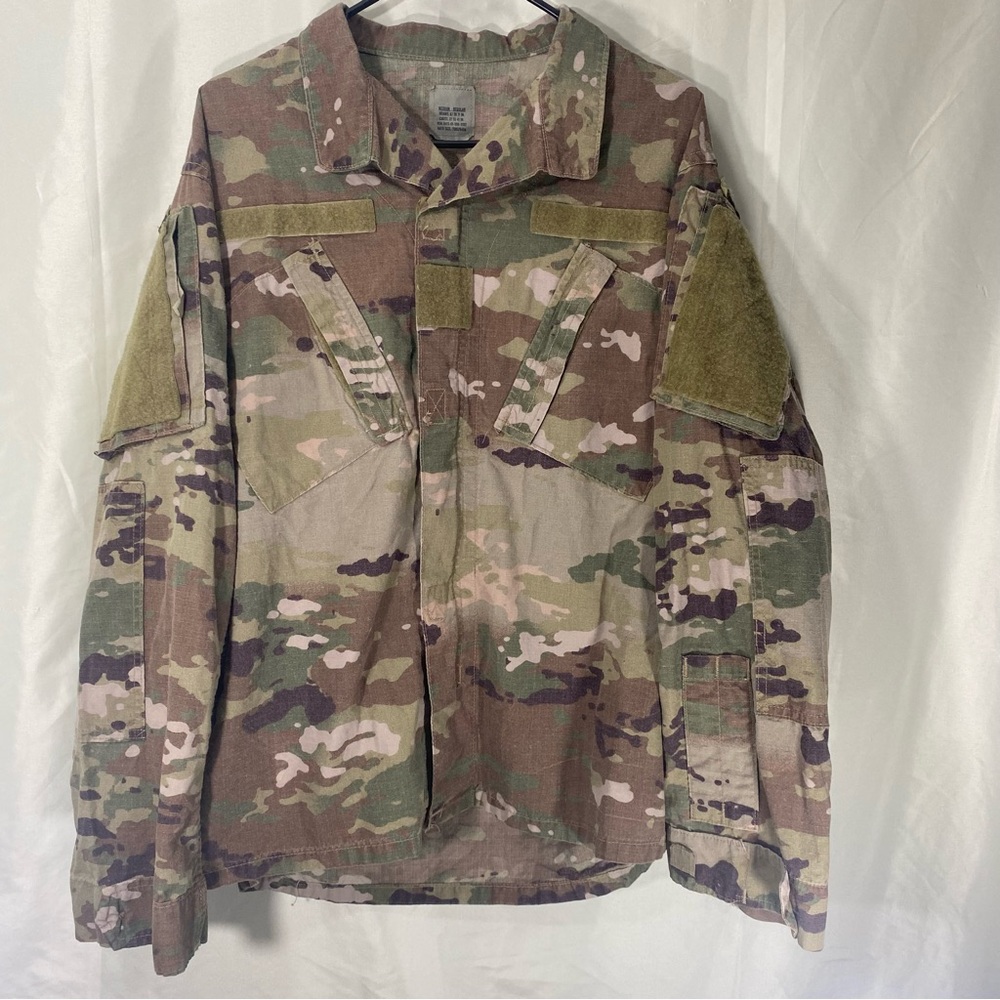 Green and Brown Military Field Jacket with Camouflage Pattern